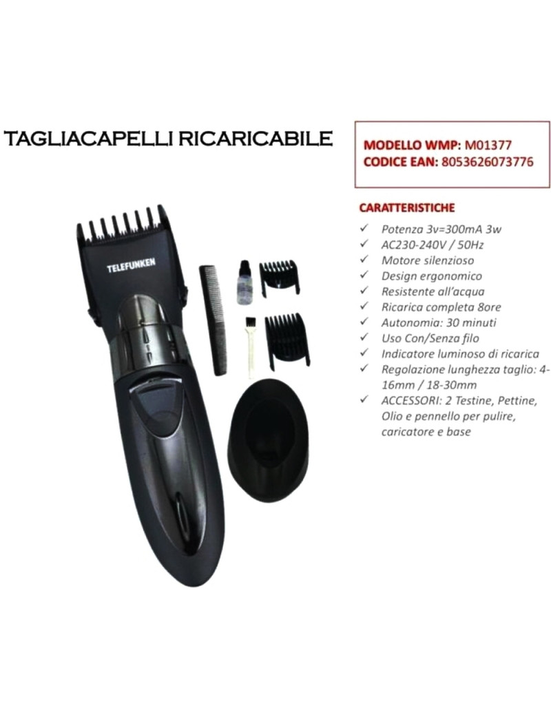 TAGLIACAPELLI ELETTRICO RICARICABILE COMPLETO DI PETTINI REGOLABARBA